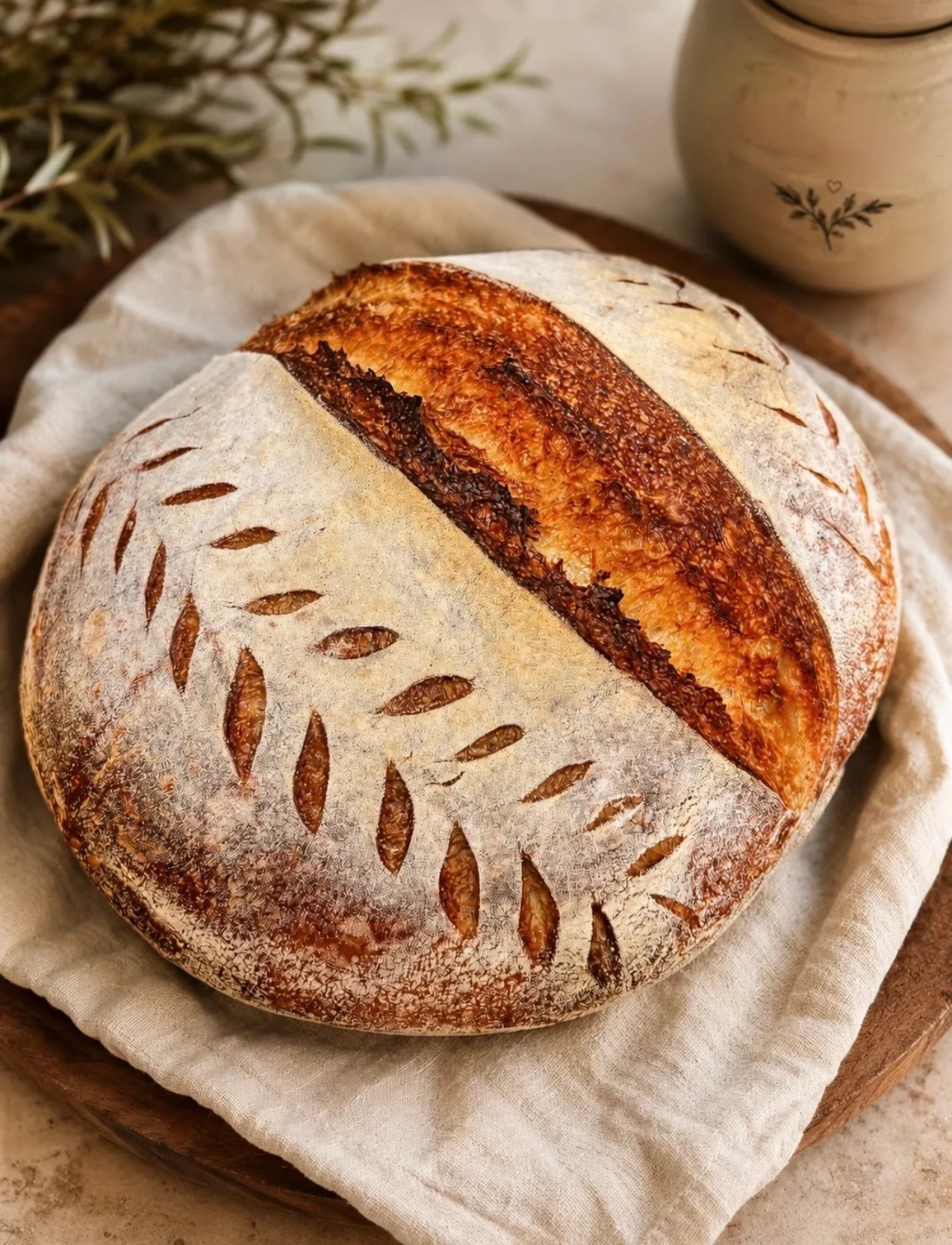 A Wellies sourdough loaf scored with a wheat pattern