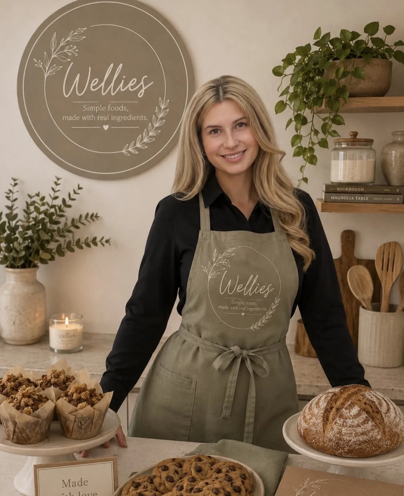 A Wellies baker in a sage apron with sourdough, muffins and cookies